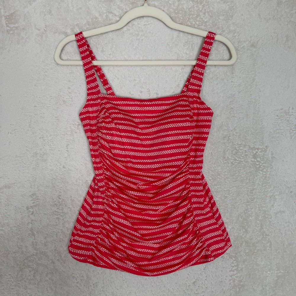 LL Bean Womens Red White Striped Ruched Tankini Top UPF 50+ Size 10 Summer Beach